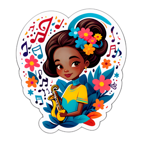 Camille Lou entourée de notes de musique et de fleurs