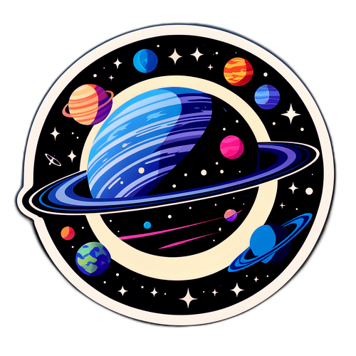 Астрономическая наклейка, изображающая дальние миры и потенциальную новую планету с загадочными символами