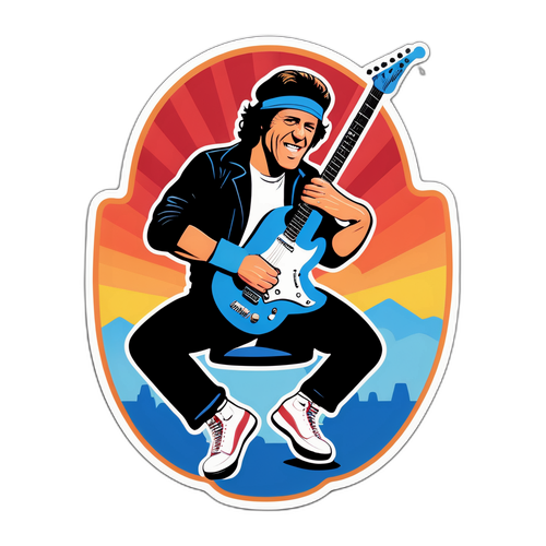 Autocollant rétro de Brian Johnson avec guitare électrique
