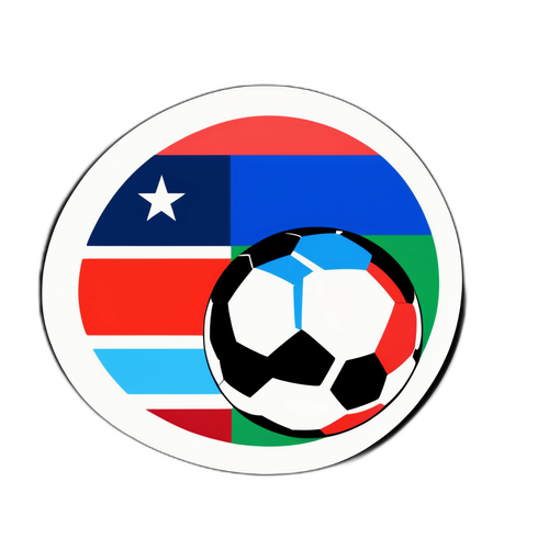Sticker que combina una bandera con los colores de tierras internacionales y un balón de fútbol en su centro