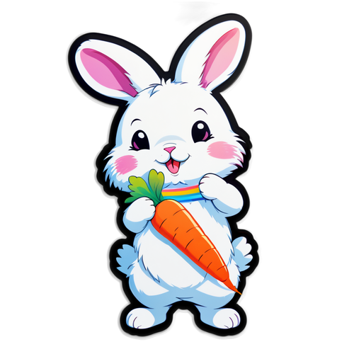 可爱的兔子抱着胡萝卜，背后有着彩虹色的背景