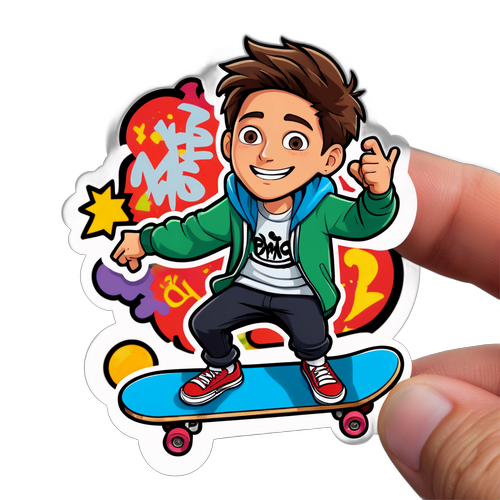 Witziger Sticker mit Milo Manheim auf einem Skateboard, umgeben von Graffiti