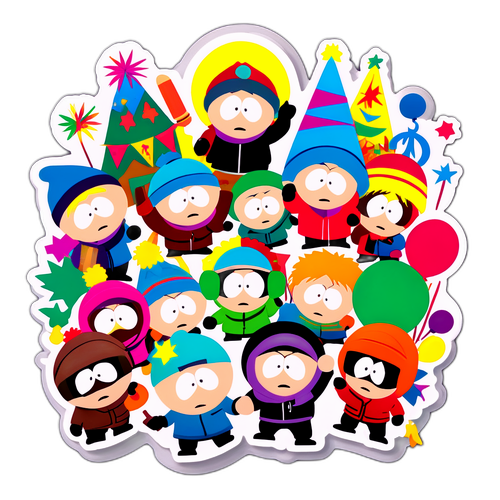 Aufkleber von South Park Charakteren, die ein Festival feiern