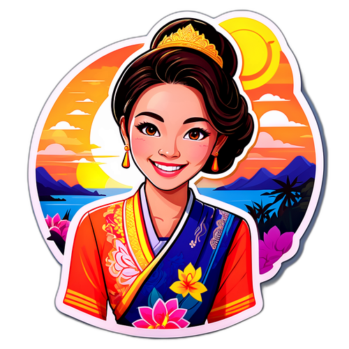 สาวไทยในชุดประจำชาติท่ามกลางพระอาทิตย์ตก