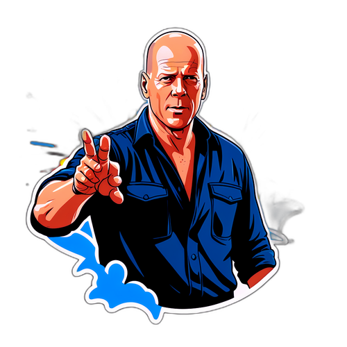 Sticker van Bruce Willis in een iconische actiescene