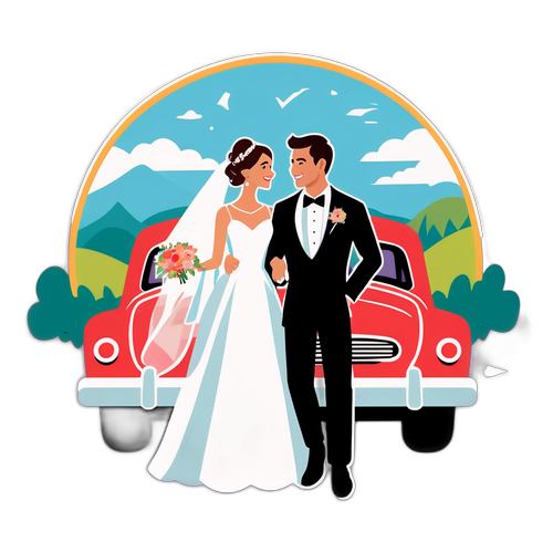 幽默插画：浪漫的新婚夫妇在高速公路停留