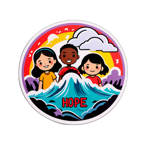希望のメッセージと自然災害に直面する人々を描いたステッカー