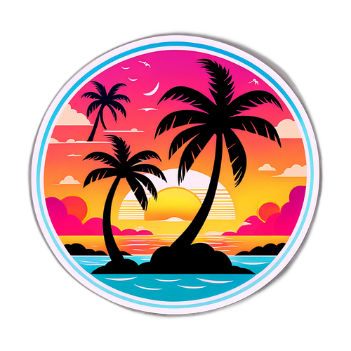 Sticker van een tropisch paradijs met palmbomen en een zonsondergang