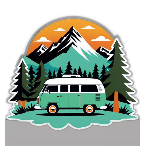 Retro Camper Van with Mountains and Pine Trees