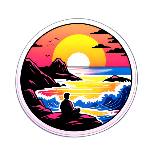 海岸線のKatsuuraと美しい夕日を背景にしたリラックスキャラクター
