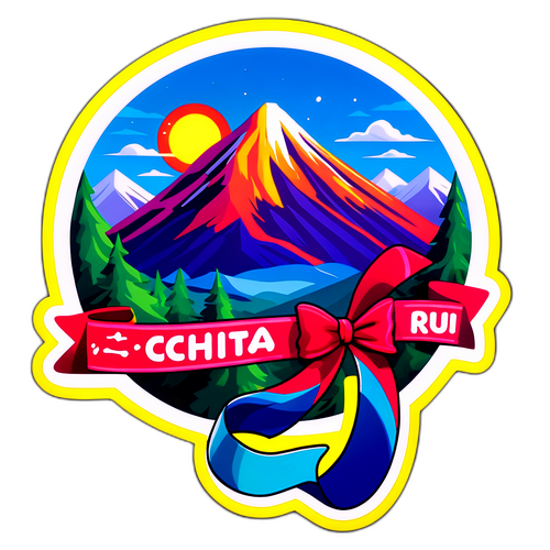 Яркий стикер с лентой и текстом "Чита ру" на фоне горного пейзажа