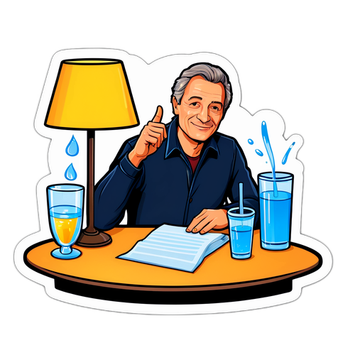 Sticker van Jean Michel Aphatie aan een bureau