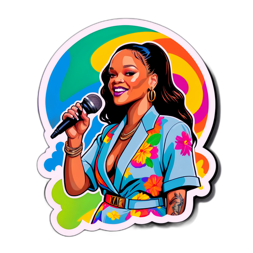 Rihanna med mikrofon och färgsprakande bakgrund