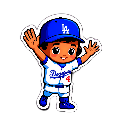 ドジャースのユニフォームを着たチビッ子ファンがハイタッチするデザイン