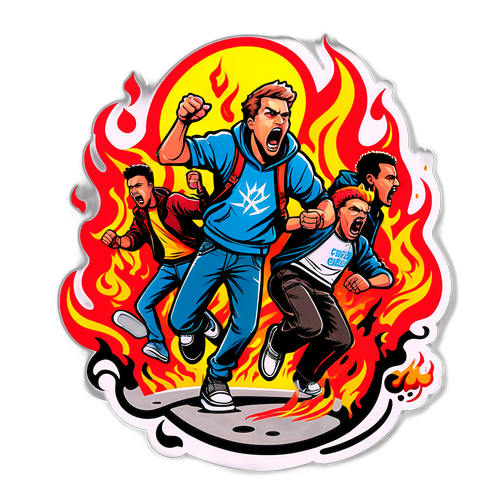 Nálepka vyjadřující chaos a energii městského neklidu