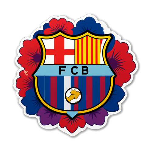 Sticker inspirowany kolorami FC Barcelony z logo zespołu i kwiecistym tłem