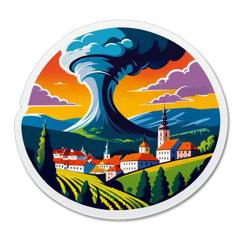 Ilustrace tornáda nad Českým Krumlovem