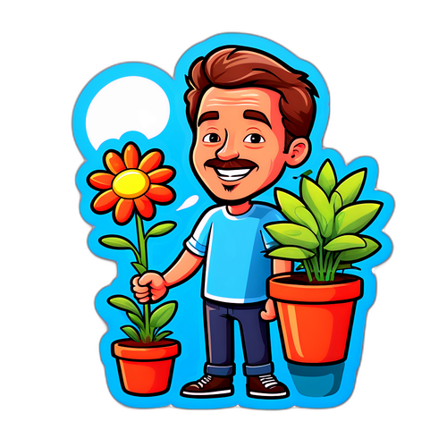 Jeroen Mol met een humoristische cartoonversie van zichzelf met een bloempot en planten