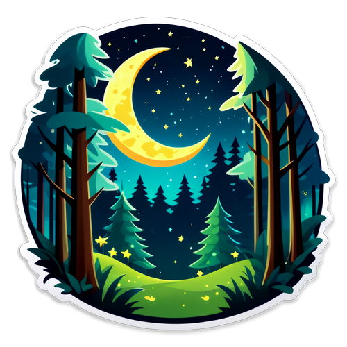Magical Forest with Crescent Moon and Fireflies