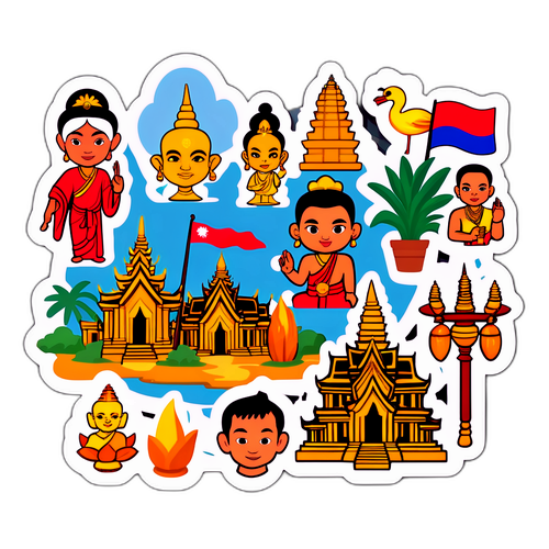 สติกเกอร์วัฒนธรรมและประเพณีของกัมพูชาในรูปแบบการ์ตูน