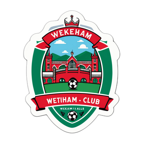 En fantasifull klistremerke med Wrexham fotballklubb-logoen og kjente landemerker fra byen
