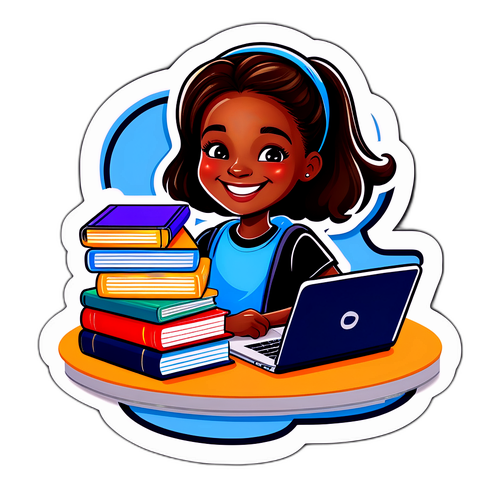 Dibujo de una estudiante feliz con libros y una laptop