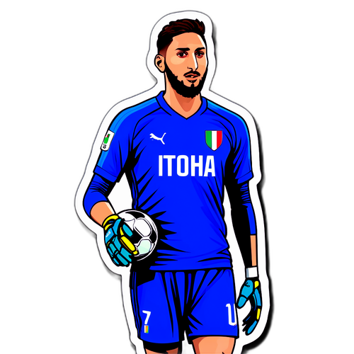 Un autocolant cu Gianluigi Donnarumma în echipamentul naționalei Italiei, cu textul "Eroul nostru!"
