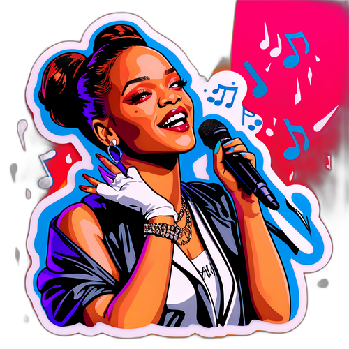 Sticker van Rihanna die optreedt met een microfoon en muzieknoten