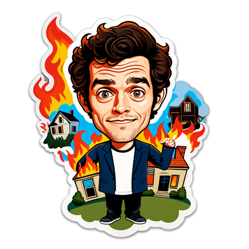 Quirky Caricature of Adam Brody Surrounded by Flames