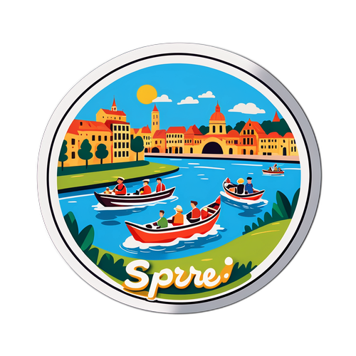 Cartoonhafte Darstellung der Spree mit Booten und fröhlichen Menschen