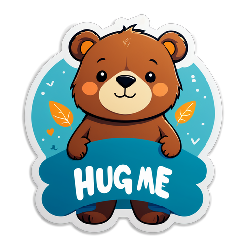 Návrh samolepky s roztomilým medvědíkem a textem 'Hug me!'