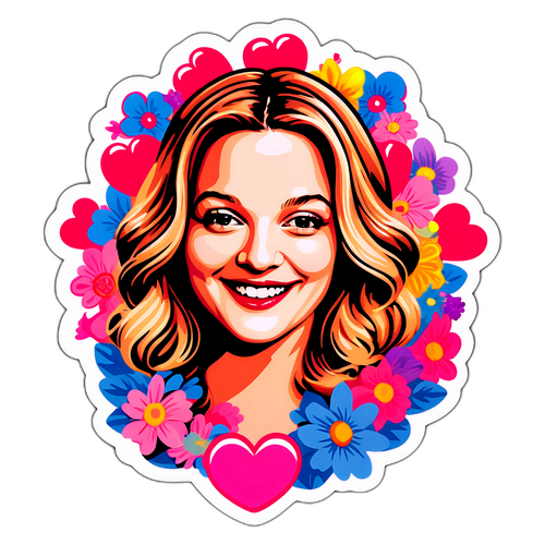 Speelse sticker van een vrolijke vrouw omringd door harten en bloemen