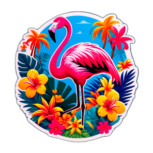 Renkli Flamingo ve Tropik Çiçekler