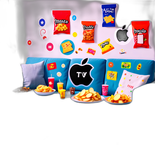 Calcomanía de Apple TV en un sofá con amigos y bocadillos