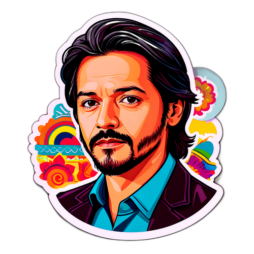 Diego Luna con fondo colorido y elementos culturales mexicanos