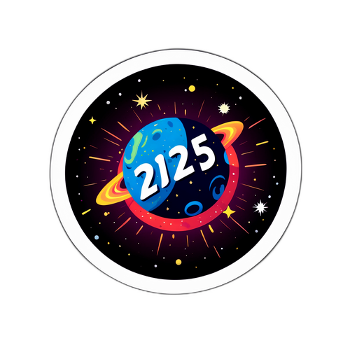 Стильная наклейка с годом 2025 в виде астероида, вращающегося вокруг яркой звезды