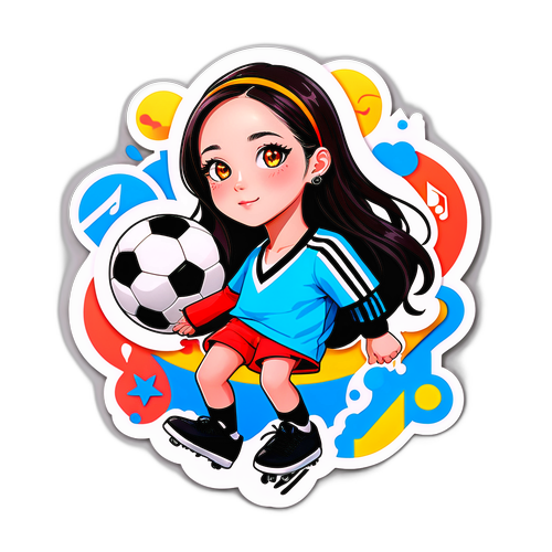 Stiker Bergaya Jisoo dengan Elemen Bola Sepak dan Nota Muzik