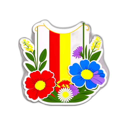 Ilustrație a steagului românesc înflorind cu flori sălbatice