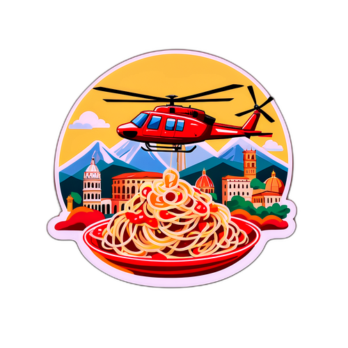Un elicopter plin cu spaghete și sosuri zburând pe fundalul unui oraș italian