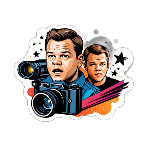 Een sticker van Matt Damon verrast door een camera, omringd door filmattributen en ster-effecten