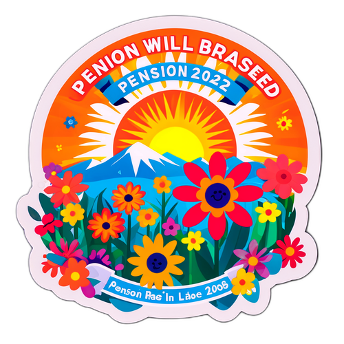 Färgglad klistermärke med texten 'Pensionen kommer att höjas 2026'