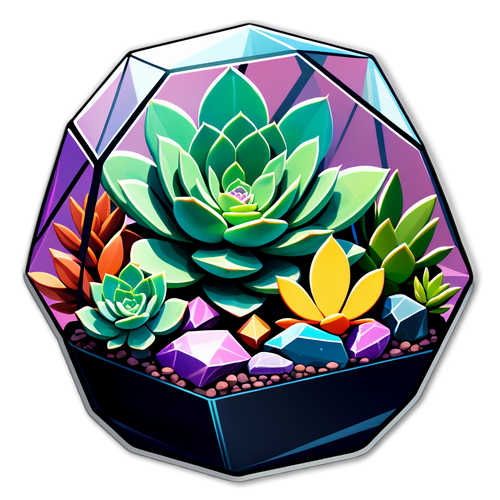 Succulent Plant in Geometric Terrarium with Colorful Stones