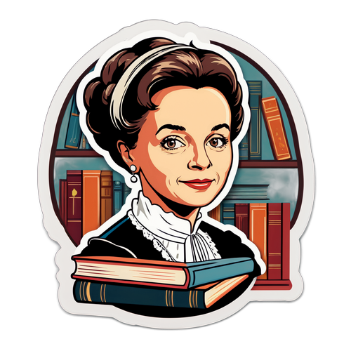 Autocollant avec un portrait d'Anny Duperey entourée de livres classiques