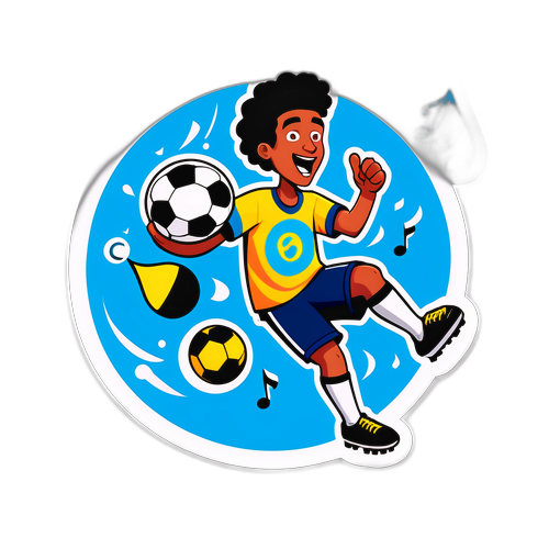 איור משחקי של סאר הדר קופץ עם כדור רגל וצלילים מוזיקליים