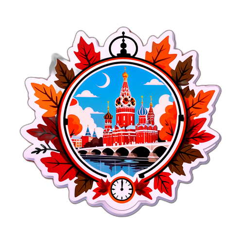 Стикер "Рязань с осенними листьями и часами"