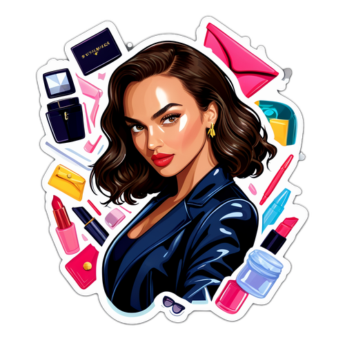 Sticker van Irina Shayk met een modieuze vibe, omringd door stijlen en modeaccessoires