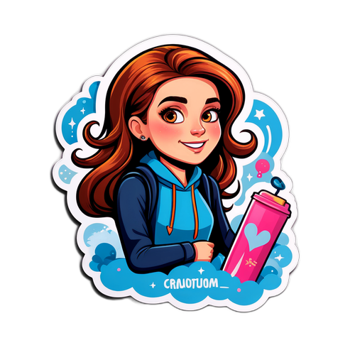 Un sticker con una ilustración creativa de Natalia Melmann en acción, inspirando a otros con un mensaje positivo.