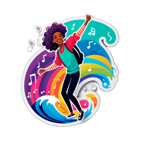 Un autocolant cu artistul preferat pe Spotify dansând pe un val de muzică colorată