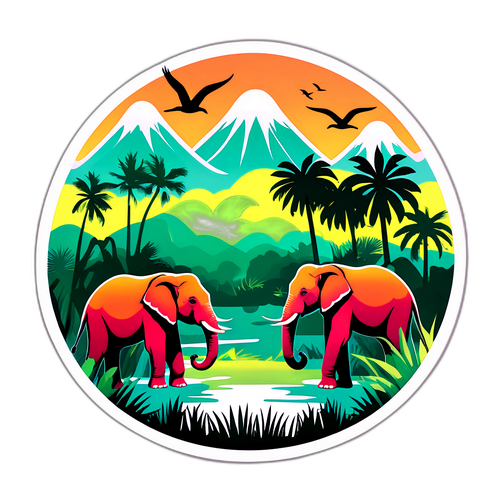 Paesaggio della Birmania con Elefanti e Uccelli Tropicali