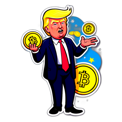 Наклейка з мультяшним зображенням Дональда Трампа, що жонглює економічними символами